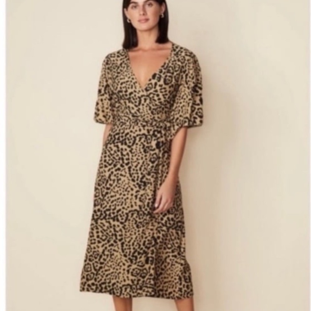 NEW Faithfull The Brand Elfrida Wrap Dress Shamari Animal Print US 10 Tan Black